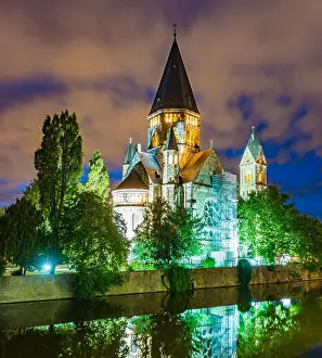 Bishop Prints: Cityscape with Temple Neuf at night in Metz, Lorraine, France