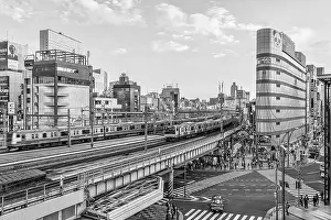 Business District Prints: Cityscape at Ueno Business District at dawn, Tokyo, Japan, in black and white