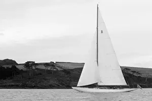 Yachting Prints: Classic 8 metre sailing yacht, under sail, Cornwall, England. Black and White