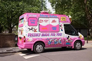 Ice Cream Prints: Classic ice cream van in pink with Disney characters on it waiting for customers in front of a park
