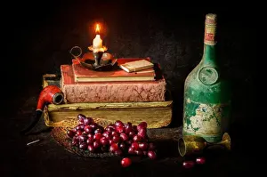 Leisure Time Prints: Classic still life with fresh delicious grapes placed with vintage wine bottle