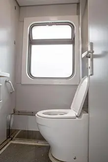 Hygienic Prints: Classic toilet interior on the train. Toilet in the passenger train