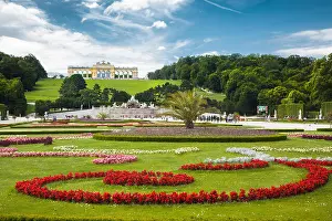 Wiener Prints: Classic view of scenic Great Parterre garden with Gloriette on a hill at famous Schonbrunn Palace on a beautiful sunny