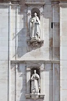 Stone Carving Prints: Detail of the Classical and Baroque style front facade of Cathedral Se Nova (New Cathedral)
