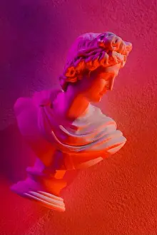 Classical Sculpture Prints: Classical White Marble Bust Sculpture with Vibrant Purple Orange Gradient Lighting