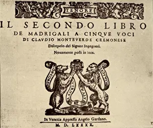 Claudio Monteverdi - title page of second volume of Madrigals for 5 voices. Italian composer, 1567-1643. Published Venice 1590 by Angelo Gardano