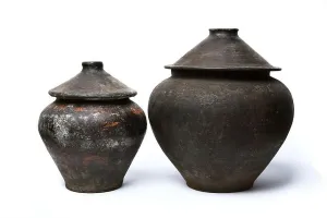 Earthenware Prints: Two clay pots with lids. Traditional old Ukrainian kitchen utensils