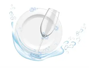 Crockery Prints: Clean plate and glass wines with water splash home or restaurant dishwashing vector illustration realistic style
