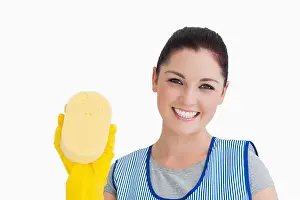 Cleaner Prints: Cleaning woman showing a sponge