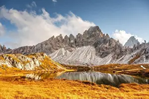 Clear turquoise water of alpine lake Piani in the Tre Cime Di Laveredo National Park, Dolomites, Italy