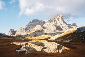 Clear water of alpine lake Piani in the Tre Cime Di Laveredo National Park, Dolomites, Italy