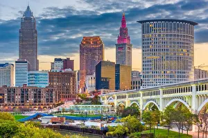 Cleveland, Ohio, USA downtown city skyline on the Cuyahoga River at twilight