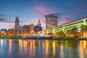 Cleveland, Ohio, USA downtown city skyline on the Cuyahoga River at twilight