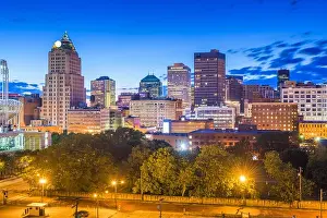 Cleveland, Ohio, USA downtown city skyline in evening