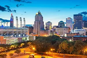Cleveland, Ohio, USA downtown city skyline in evening