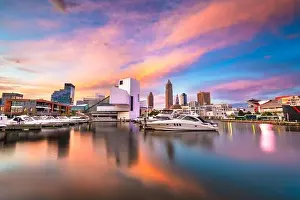 Cleveland, Ohio, USA downtown city skyline and harbor at twilight