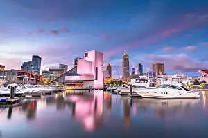 Cleveland, Ohio, USA downtown city skyline and harbor at twilight