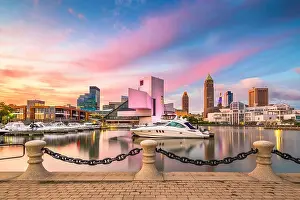 Cleveland, Ohio, USA downtown city skyline and harbor at twilight