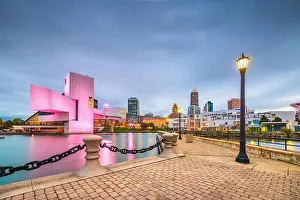 Cleveland, Ohio, USA downtown city skyline and harbor at twilight