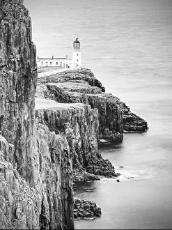 Travelling Prints: Cliffs of Neist Point Cape and lighthouse in black and white
