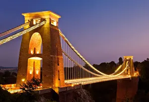 Toll Prints: Clifton suspension bridge illuminated at night sunset clifton downs Bristol Avon England UK GB Europe