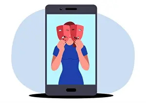 Disguise Prints: Clip art of a woman holding happy and sad face masks on social media profile
