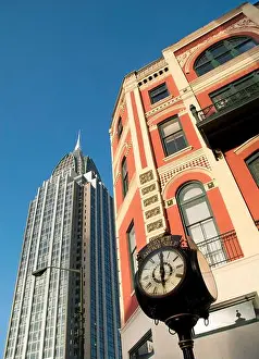 Sky Scraper Prints: clock and building in Lower Dauphin Street Historic District and RSA Battle House Tower in downtown Mobile