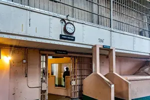 Dining Room Prints: Clock in the dining room of the federal prison on Alcatraz Island in the middle of San Francisco