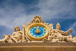 Hercules Prints: The clock and sculpture of Hercules above the main entrance to the Palace of Versailles