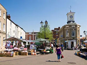Town Center Prints: Clock Tower and market stalls in the town centre at Brigg, North Lincolnshire, UK
