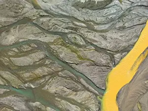 River Channel Prints: Close up aerial view of the Rio Sacambaya landscape with a huge riverbed