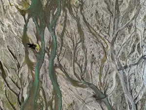 Close up aerial view of the Rio Sacambaya landscape with a huge riverbed