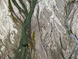 Close up aerial view of the Rio Sacambaya landscape with a huge riverbed