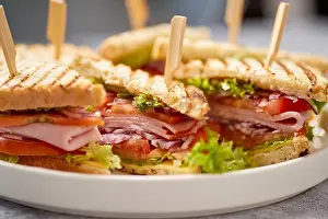 Toasted Prints: Close up on appetizing fresh and healthy grilled club sandwiches with ham and cheese
