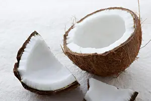 Extract Prints: Close up of a whole coconut cracked open on a white background
