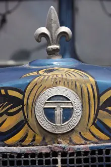 Paintwork Prints: Close up of cowl badge and paintwork on 1960s vintage Tata 1210 SE truck in West Bengal