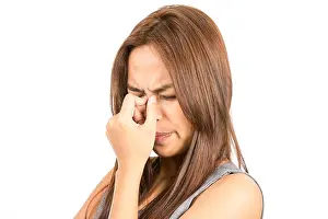Eyes Closed Prints: Close Up Frowning Asian Woman Headache