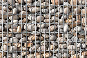 Pebble Prints: Close up of a gabion basket filled with pebbles