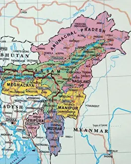 Districts Prints: close up of an indian map with north east states manipur assam in focus