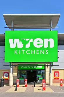 Manufacturer Prints: Close up large green store sign for Wren Kitchens retail manufacturing business showroom entrance Lakeside Retail Park
