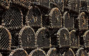 Lobster Prints: close up macro shot of a pile of crayfish or Lobster pots stacked on the harbor
