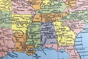 Deep South Prints: close up of old usa map showing the southern states of america deep south