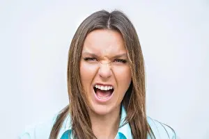 Displeased Prints: Close up portrait of angry mad woman face