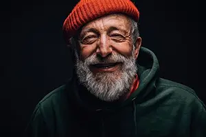 Homeless Prints: Close up portrait of happy 70-year-old optimist man with smiling wrinkled face