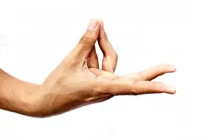 Yogi Prints: Close up shot of male hand demonstrating Prana Yoga Mudra isolated over white background