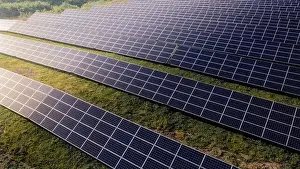 Solar Farm Prints: Close up solar power station panels in a row in the fields green energy at sunset landscape electrical ecology