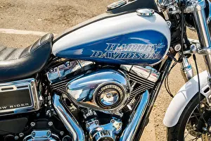 Pipes Prints: Close up of the twin cylinder engine of a Harley Davdson Low Rider motor cycle with a 103 cubic inch engine in Helmsley