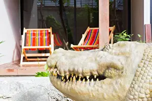 Dental Prints: close-up crocodile on the blur background of beach chair in hotel
