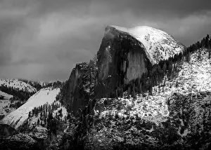 Snowing Prints: Close Up View of Iconic Half Dome, in Cloudy Winter Snowstorm - Black and White