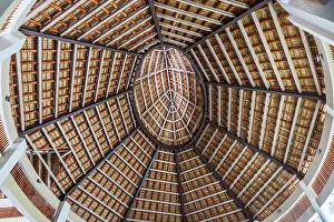 Beams Prints: Close up view of large wooden dome ceiling with geometric pattern structure inside tropical resort building